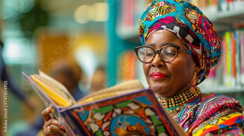 African Woman in Vibrant Traditional Dress Immersed in Reading a Colorful Book in Library Setting