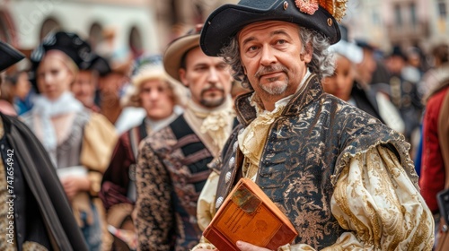 Portrait of a Man Dressed in Traditional Renaissance Costume Holding a Book at a Historical Festival