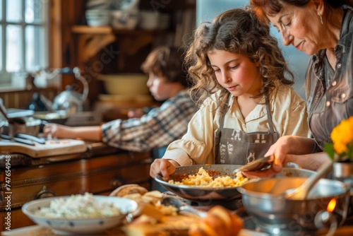 Family Cooking Together in Rustic Home Kitchen, Grandmother Teaching Grandchildren to Prepare Meal