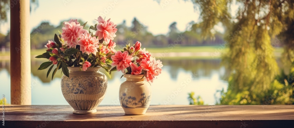 A couple of vases are placed neatly on a table, creating a simple yet elegant decor. The setting includes vintage filters, enhancing the overall charm of the arrangement.