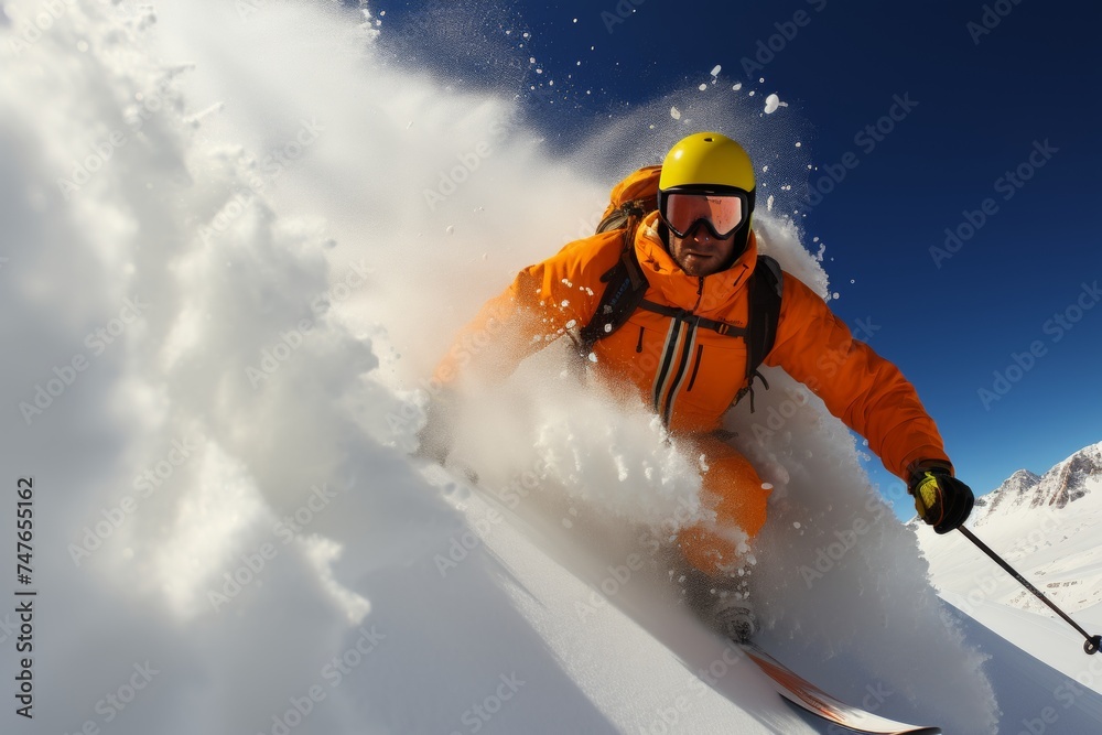Adventurous skier in vibrant orange jacket gracefully gliding down a snowy slope amidst majestic snow-capped mountains under clear blue sky, enjoying winter sports in alpine setting.