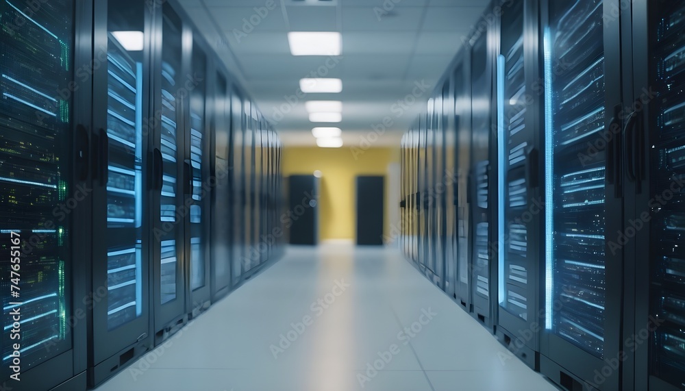 Fototapeta premium Shot of Corridor in Working Data Center Full of Rack Servers and Supercomputers with High Internet Visualisation Projection with blur and bokeh effects
