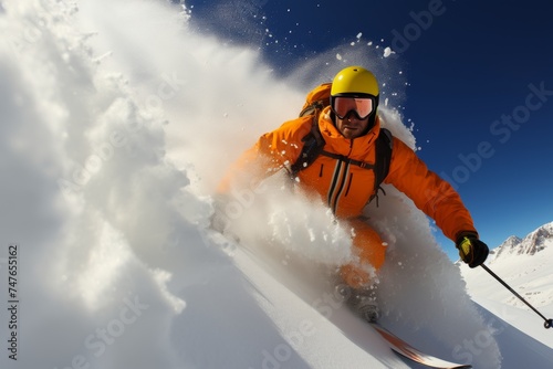 Adventurous skier in vibrant orange jacket gracefully gliding down a snowy slope amidst majestic snow-capped mountains under clear blue sky, enjoying winter sports in alpine setting.