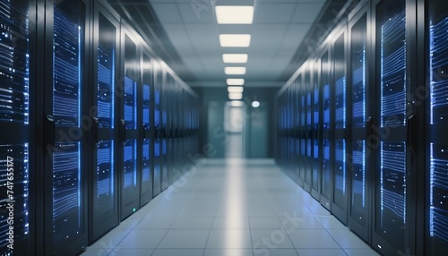 Shot of Corridor in Working Data Center Full of Rack Servers and Supercomputers with High Internet Visualisation Projection with blur and bokeh effects © Turan