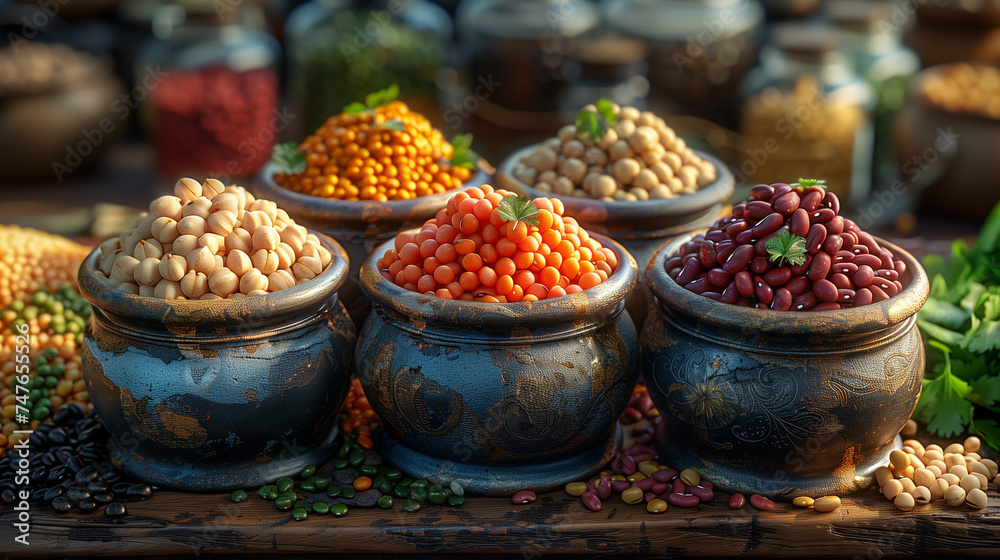 Fototapeta premium bowls of chickpeas, lentils, split pea, kidney beans, black beans dry legumes food at the market