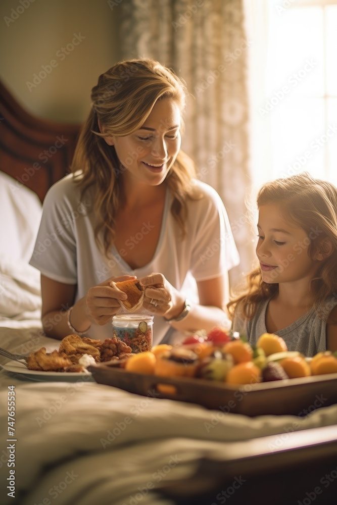Woman and girl smiling and sharing a breakfast on bed with tableware and food