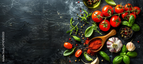 Italian seasoning and vegetables like tomato garlic and basil rosemary pepper tomato paste Mediterranean cousine foods on a blackplate background place for text title