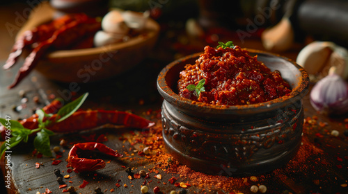  harissa in clay pot high end food magazine photo style rustic decoration paprika powder place for text title photo