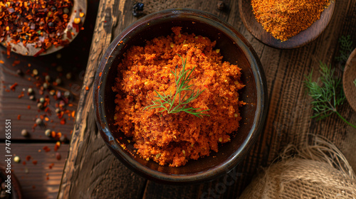  harissa in clay pot high end food magazine photo style rustic decoration paprika powder place for text title