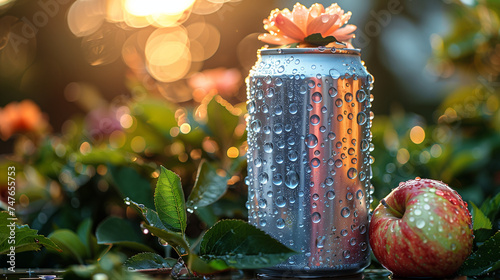 Unbranded apple cider in sodacan between fresh apples photo