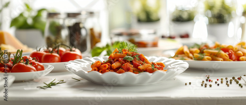 top view food magazine photo of Pasta italian food style among with condiments, tomatoes sauce and pasta grocery on the luxury white table. background is luxury and white style