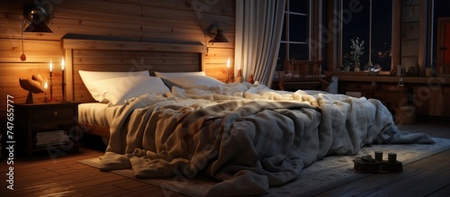 A spacious bedroom features a sizable bed positioned next to a window, offering a view of the outdoors. The bed is neatly made with decorative pillows and a cozy throw blanket.