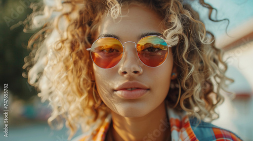 A young girl with curly hair an urban style and attitude wearing sunglasses on the street during the summer season
