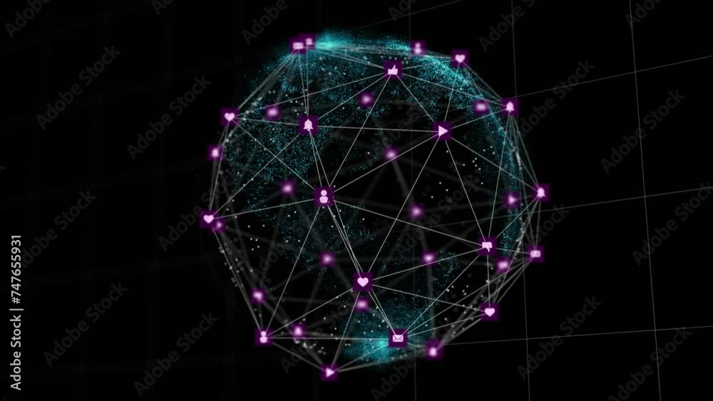 Animation of globe of connections with icons on black background Animation of globe of connections with icons on black background