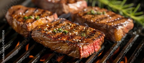 A sizzling image capturing steaks cooking on a grill, accompanied by a sprig of aromatic rosemary. photo