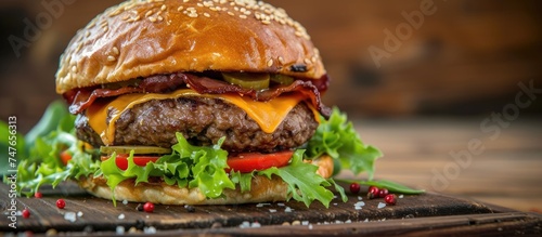 A close-up shot of a tasty homemade cheeseburger with beef, lettuce, and tomato on a wooden cutting board.