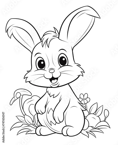Adorable Cartoon Bunny in Black and White, Perfect for Coloring Books and Children's Activities © HecoPhoto