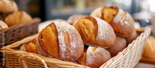 A wicker bakery tray holds an assortment of freshly baked loaves of bread.