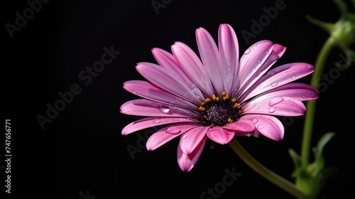 Vibrant pink daisy with water droplets on petals, isolated on a black background.