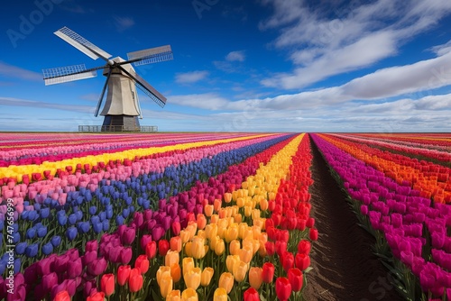 Beautiful and colorful tulip fields with traditional windmill in the Netherlands, under a clear blue sky dotted with fluffy white clouds, creating a picturesque scene of natural beauty and serenity