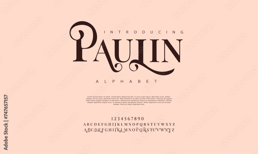 Paulin premium luxury elegant alphabet letters and numbers. Elegant wedding typography classic serif font decorative vintage retro. Creative vector illustration