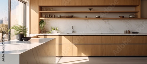 A modern kitchen with a marble counter and wooden wardrobes, set by a large window overlooking a cityscape. The spacious apartment features white walls.