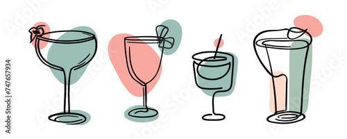 Minimalistic illustration of a set of cocktails in one line art