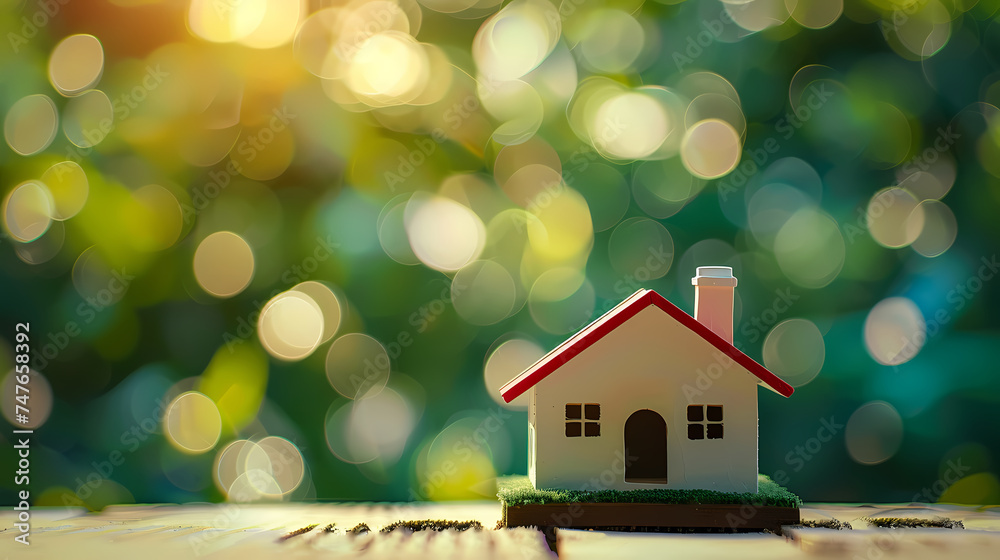 House model, green bokeh background, real estate concept