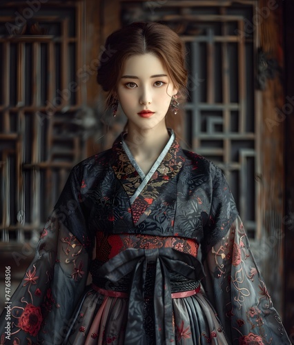 A woman wearing a black hanbok with red decorations stands in front of a traditional Korean building.