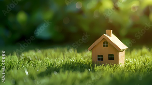 House model, green bokeh background, real estate concept