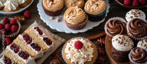 A variety of baked desserts including rum balls, cookies, raspberry squares, and cupcakes with maple frosting are displayed on a table.