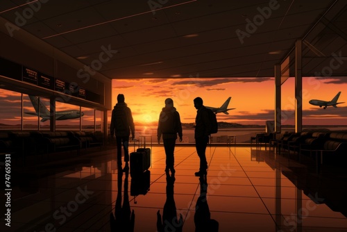 Globetrotters with luggage stand in awe of a picturesque sunset at an airport terminal before embarking on their international flight to explore new destinations and create unforgettable memories.