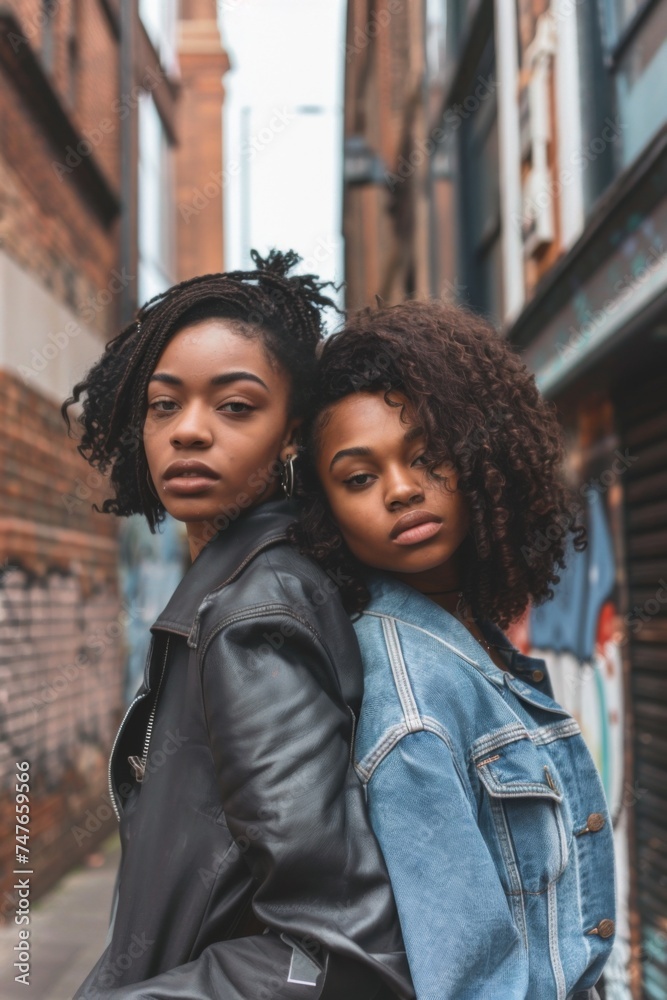 Confident young women with serious expressions in urban setting