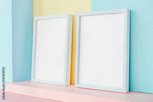 Two pastel frames beautifully displayed on a pastel shelf against a soft pastel background. Mockup