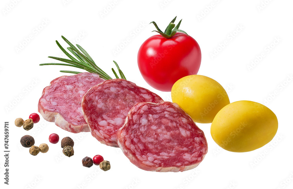 slices Spanish Fuet sausage salami with rosemary and olives isolated on a white background.