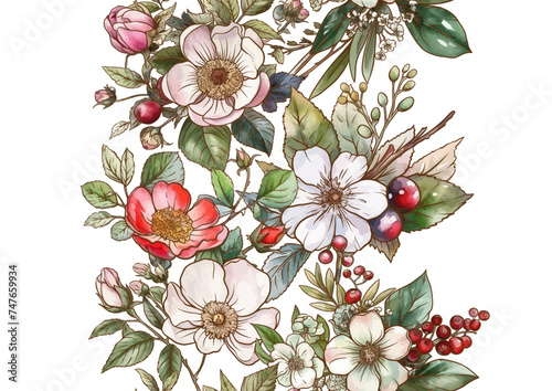 Boutonniere of wild rose flowers and berries Seamless pattern, background. Outline hand drawing vector illustration. In botanical style