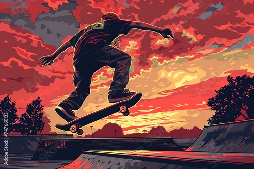 A man is shown riding a skateboard up the side of a ramp. He is moving swiftly and skillfully, showcasing his athleticism and control. Generative AI photo