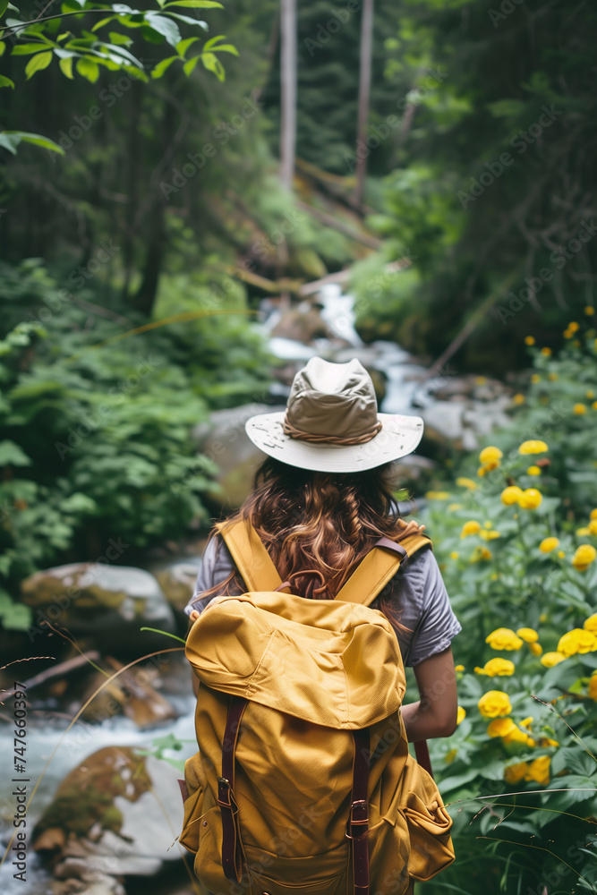 A hiker wearing a white hat and carrying a yellow backpack on a forest trail with vibrant yellow flowers and a stream in the background