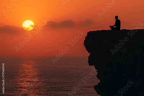 A person is seated on a cliff edge, gazing out at the vast expanse of the ocean as the sun sets below the horizon. Generative AI