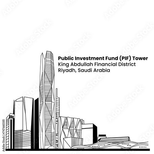 Public Investment Fund PIF Tower - King Abdullah Financial District, KAFD. Skycraper Tower in Riyadh Saudi Arabia Skyline City. Line art style