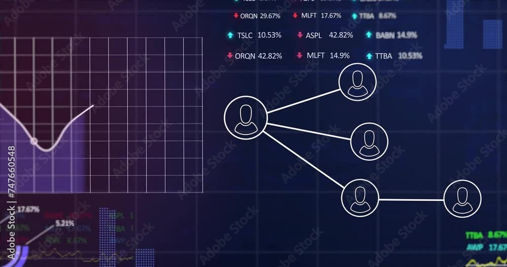 Animation of financial data processing over network with people icons on dark background Animation of financial data processing over network with people icons on dark background