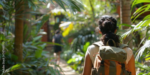 View from behind of a woman carrying a backpack walking on a path through a dense tropical garden