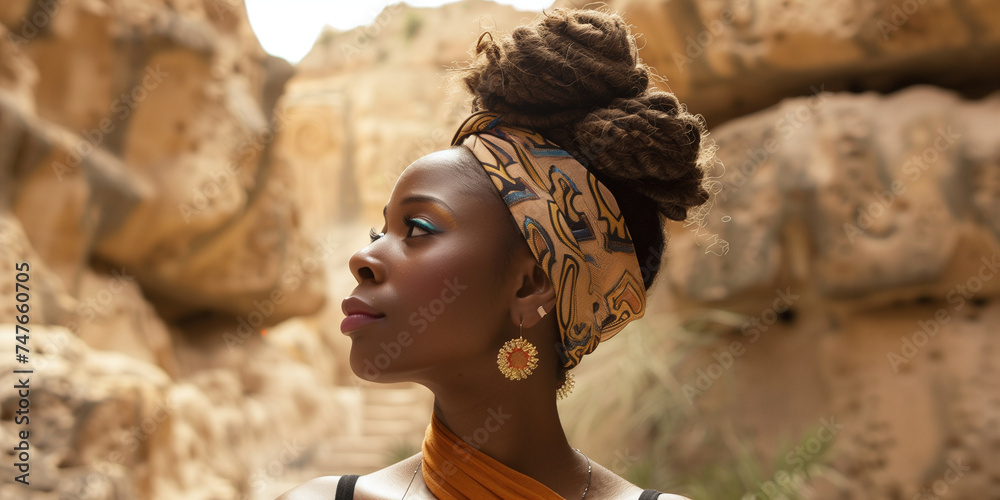 Profile of an elegant African woman adorned with a traditional headwrap and statement earrings against a natural rocky backdrop