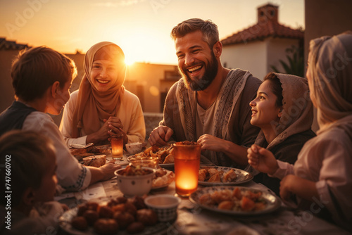 Happy family gathers around the table for iftar  the meal to end their ramadan fast at sunset