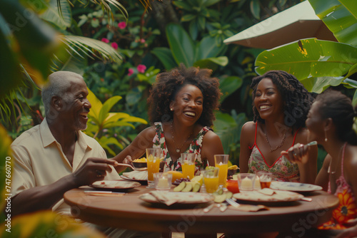 An engaging family enjoys a laughter-filled brunch surrounded by lush tropical greenery