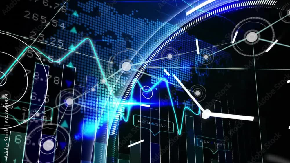Animation of network of connections with clock and financial data on dark background
