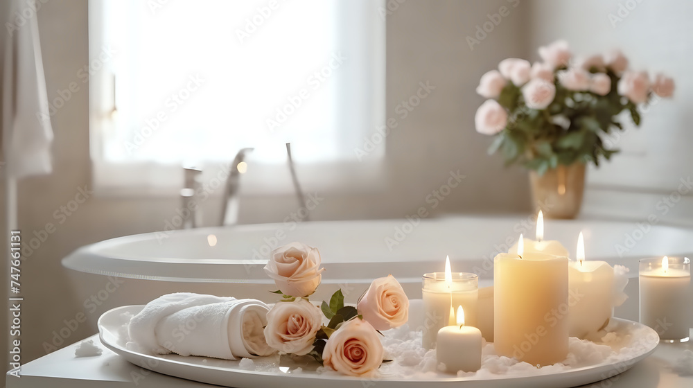 Elegant spa setup with roses and candles in a bright bathroom. Ideal for themes on self-care, luxury, and relaxation.