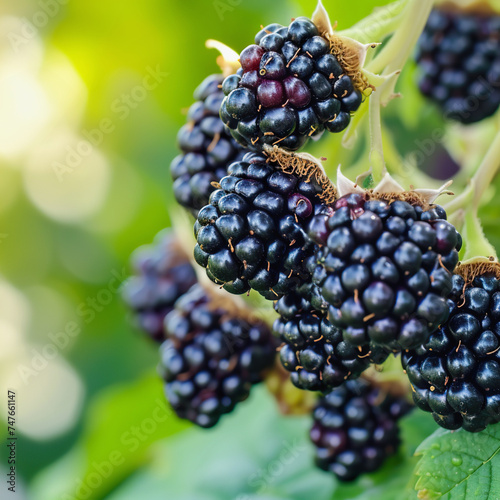 Ripe blackberries hanging, ready for harvest, organic farming