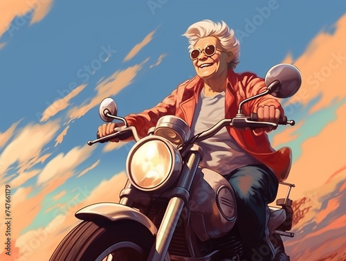 happy elderly gray-haired woman with a short fashionable haircut in a red jacket rides a motorcycle illustration against a blue sky.