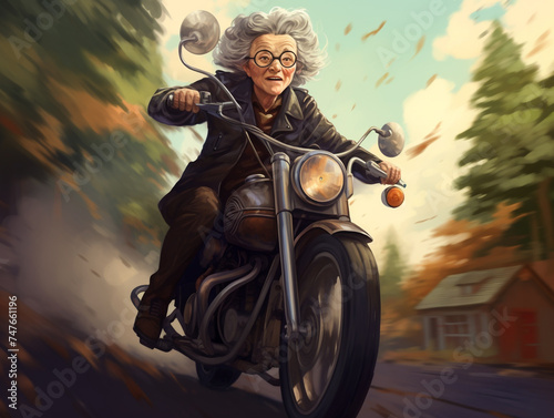 elderly gray-haired woman riding a motorcycle illustration